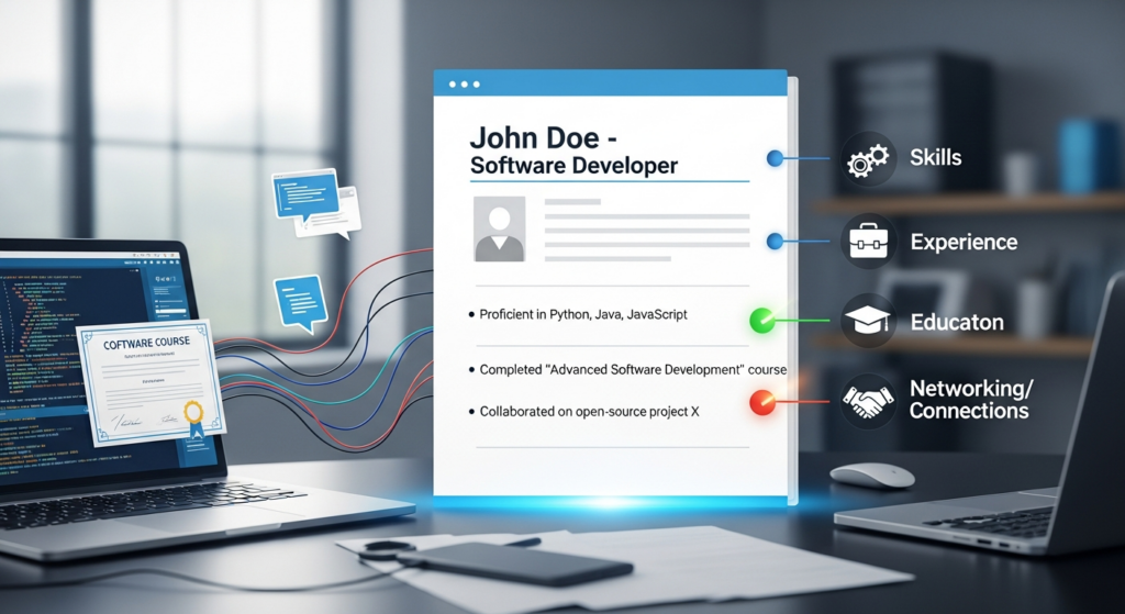 Student creating a professional resume after software course completion on a laptop