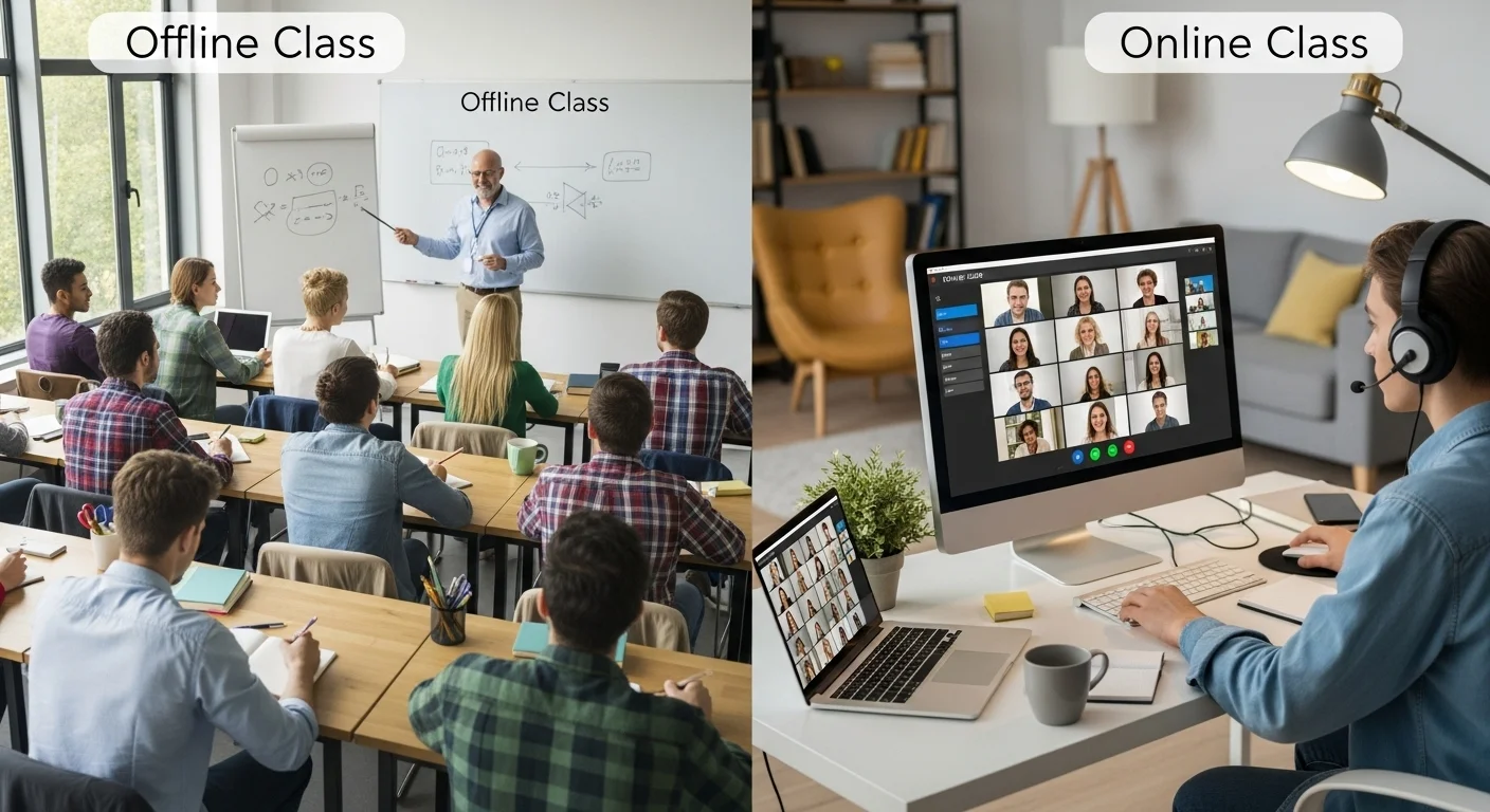 “Offline vs Online Digital Marketing Training – Students learning digital marketing in classroom and online environments at 3S Training Institute